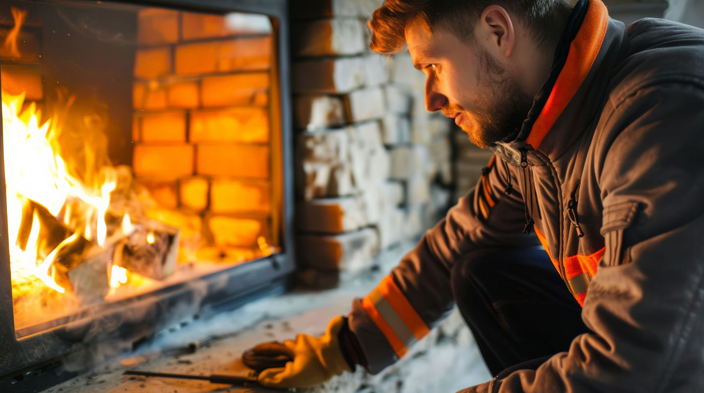 Technicien de maintenance inspectant le conduit de fumée d'un poêle à bois hybride dans une maison individuelle