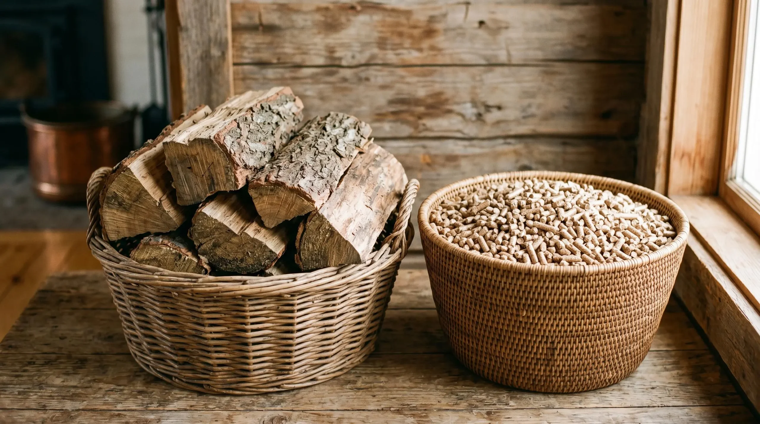 Comparaison côte à côte de bûches de bois sec et de granulés de bois dans deux paniers séparés, fond bois naturel