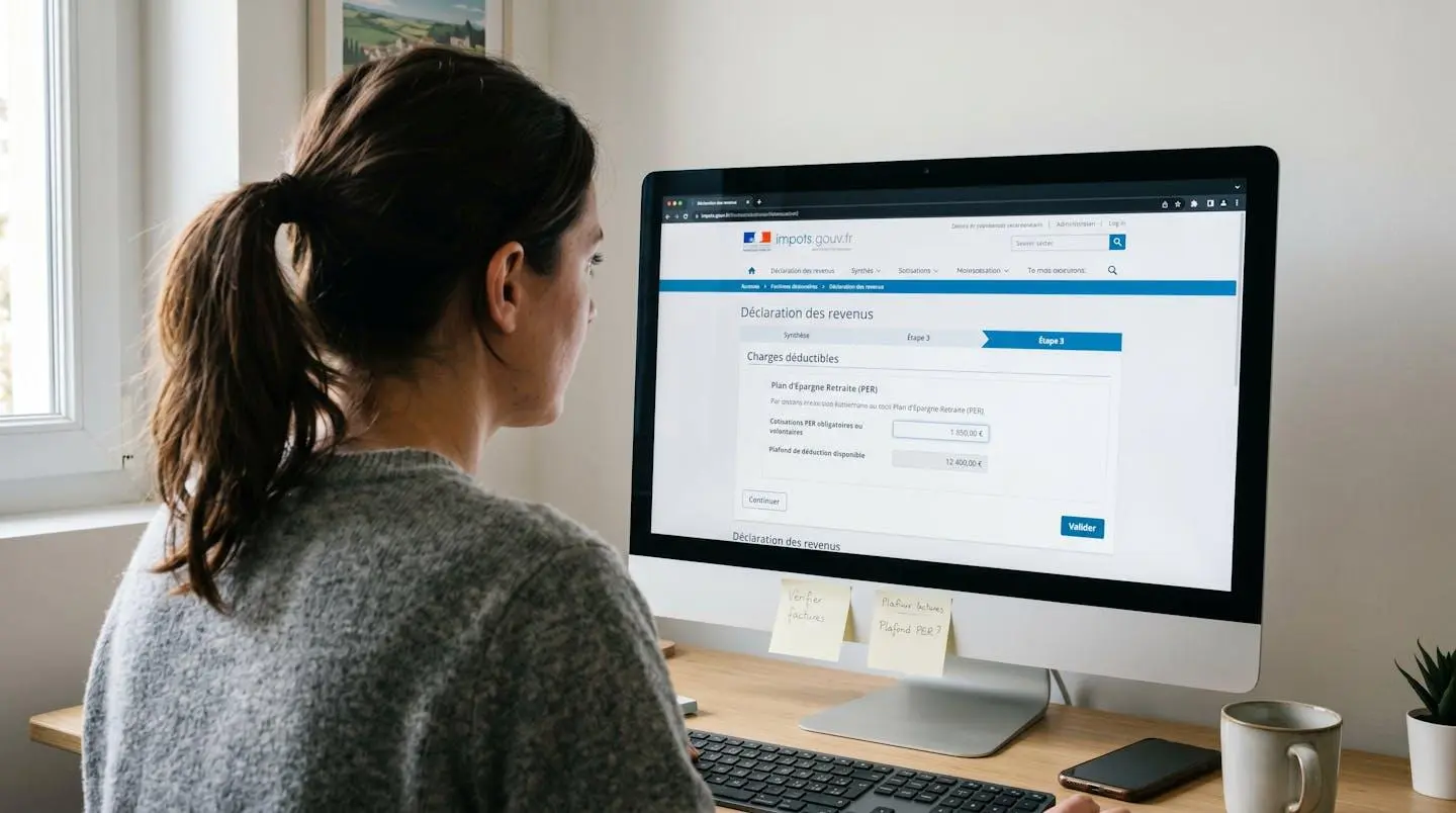 Écran d'ordinateur affichant le formulaire de déclaration de revenus en ligne impots.gouv.fr, section déduction plan épargne retraite visible