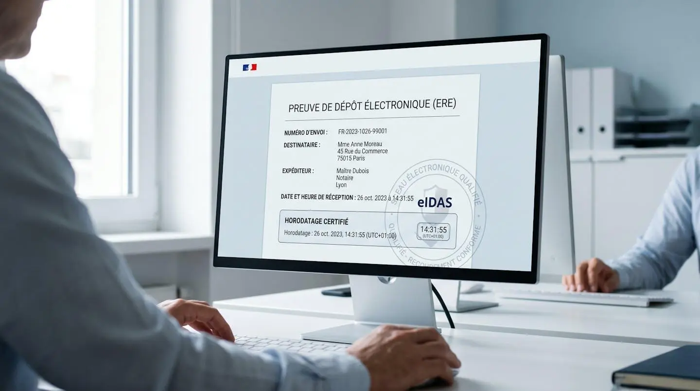 Écran d'ordinateur affichant une preuve légale d'envoi recommandé électronique avec horodatage certifié eIDAS