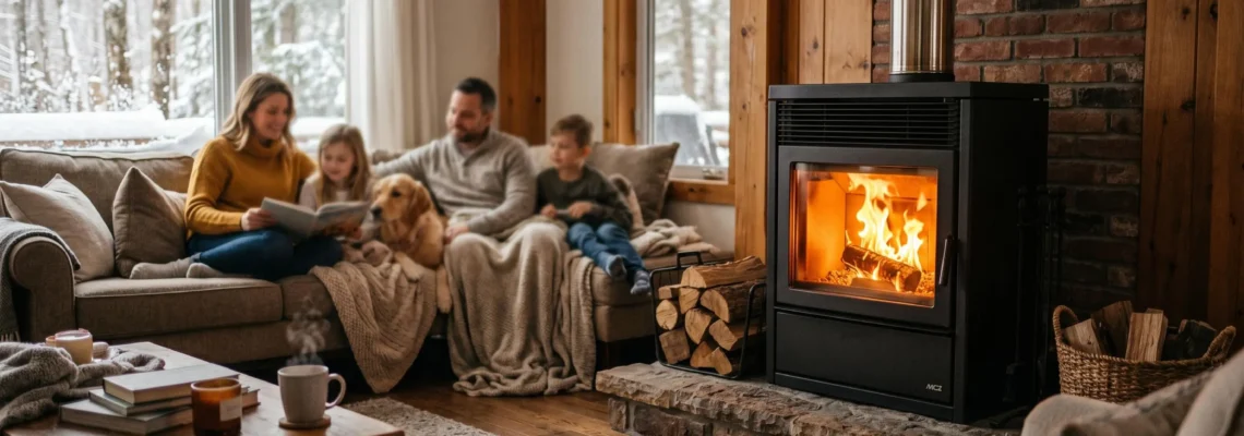 Intérieur chaleureux d'un salon en hiver avec un poêle hybride allumé, flammes visibles, famille en arrière-plan