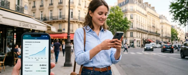 Jeune femme professionnelle consultant une application d'épargne sur smartphone en milieu urbain parisien, architecture haussmannienne floue en arrière-plan, lumière naturelle matinale