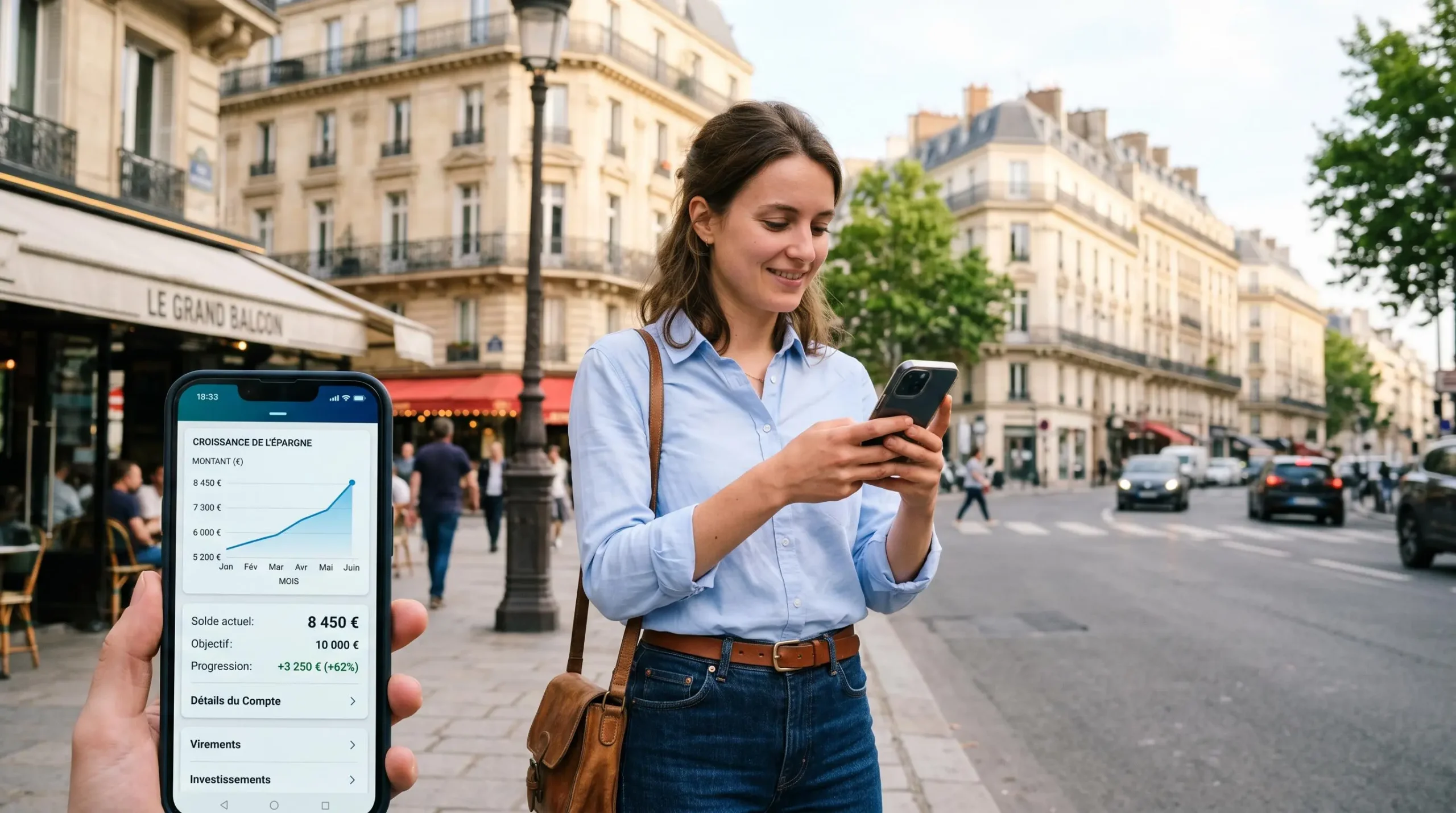 Jeune femme professionnelle consultant une application d'épargne sur smartphone en milieu urbain parisien, architecture haussmannienne floue en arrière-plan, lumière naturelle matinale