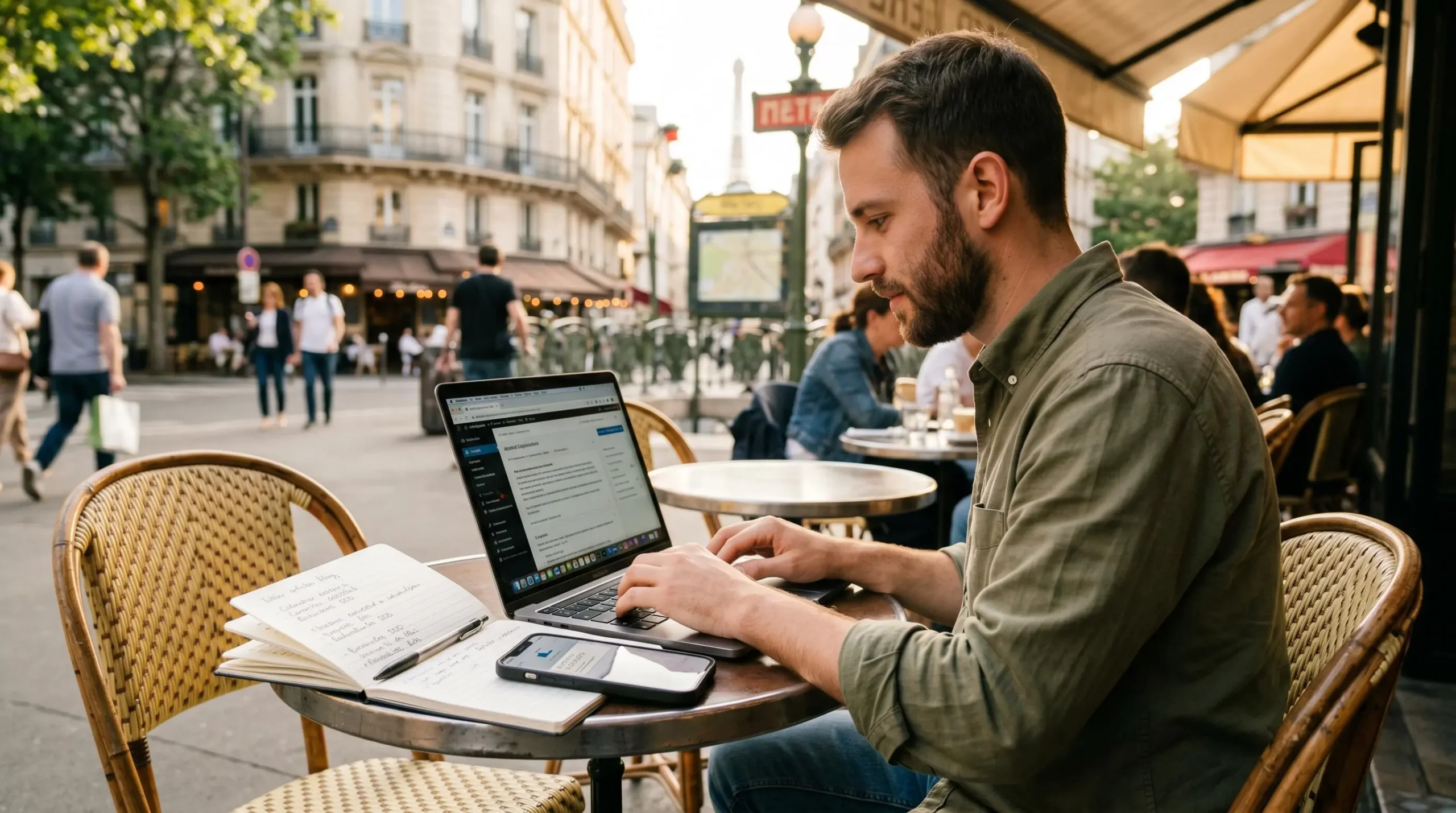 Jeune freelance travaillant sur ordinateur portable à la terrasse d'un café parisien, carnet de notes et smartphone affichant notification bancaire