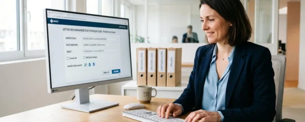 Professionnel en train d'envoyer un recommandé électronique depuis une interface web sur ordinateur dans un bureau contemporain lumineux