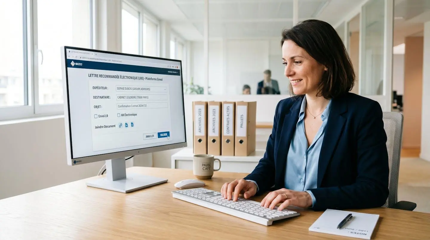 Professionnel en train d'envoyer un recommandé électronique depuis une interface web sur ordinateur dans un bureau contemporain lumineux