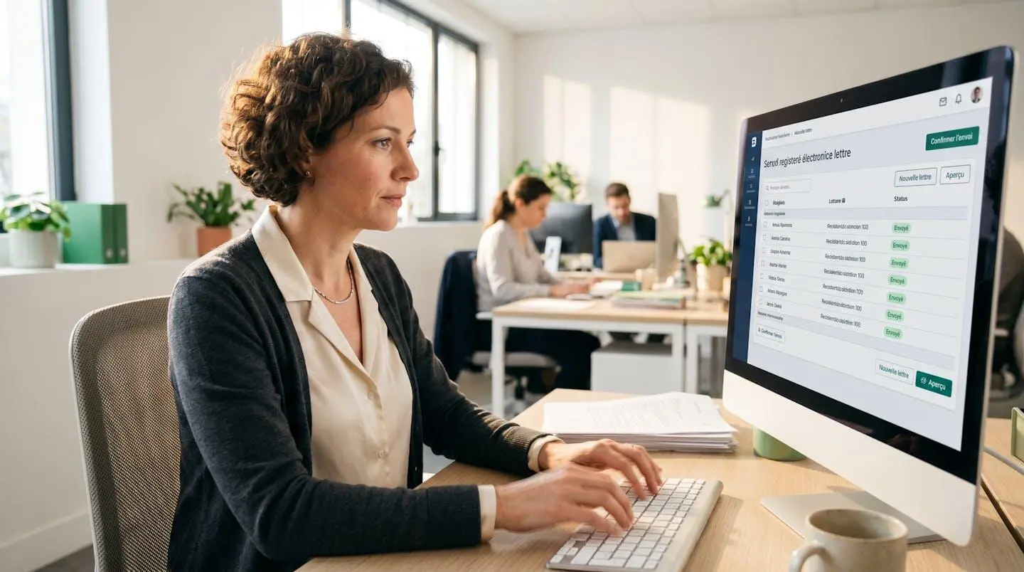 Professionnelle envoyant rapidement des recommandés électroniques en masse depuis son interface web avec statuts confirmés