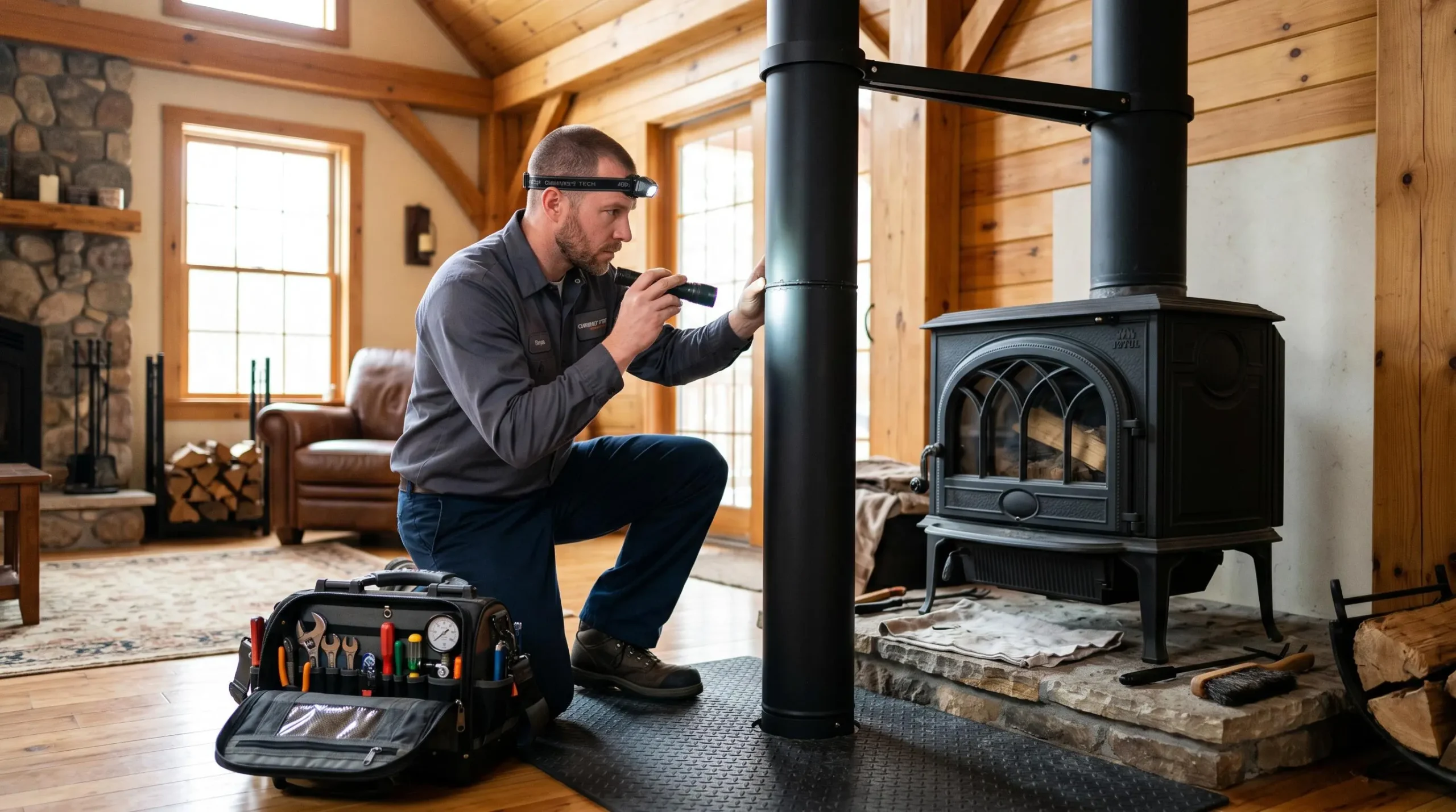 Technicien de maintenance inspectant le conduit de fumée d'un poêle à bois hybride dans une maison individuelle