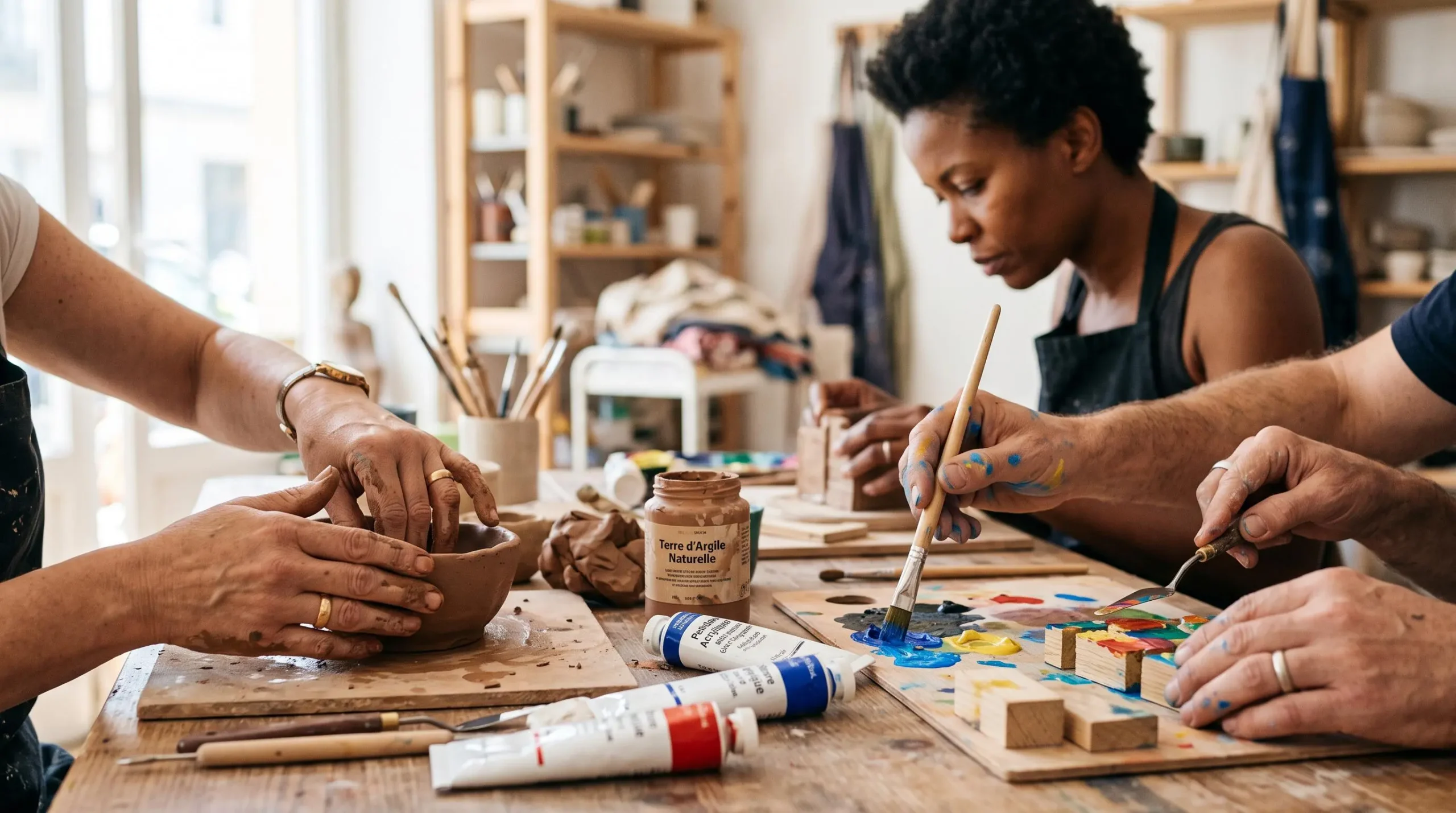 Gros plan sur les mains de participants manipulant des matériaux créatifs (peinture et argile) lors d'un atelier collaboratif, avec visage concentré d'une participante visible en arrière-plan flou