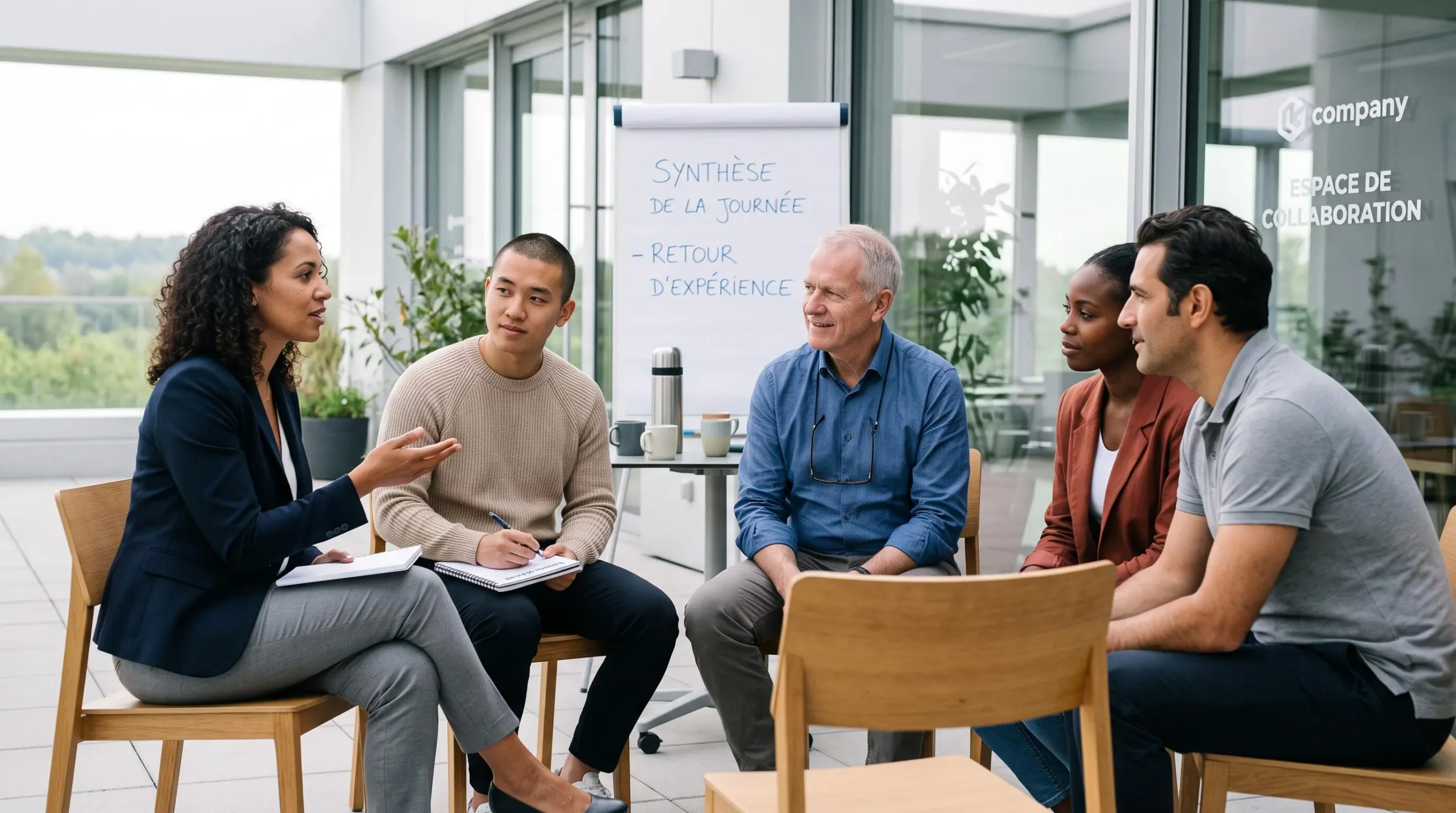 Petit groupe de collaborateurs assis en cercle lors d'un débrief post-activité, échangeant de manière détendue avec prises de notes et gestes de discussion dans un espace lumineux