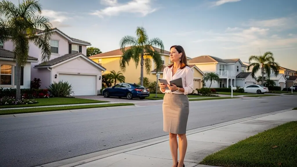 Agent immobilier évaluant des propriétés résidentielles en se tenant dans une rue d'un quartier de Floride avec palmiers et maisons individuelles.