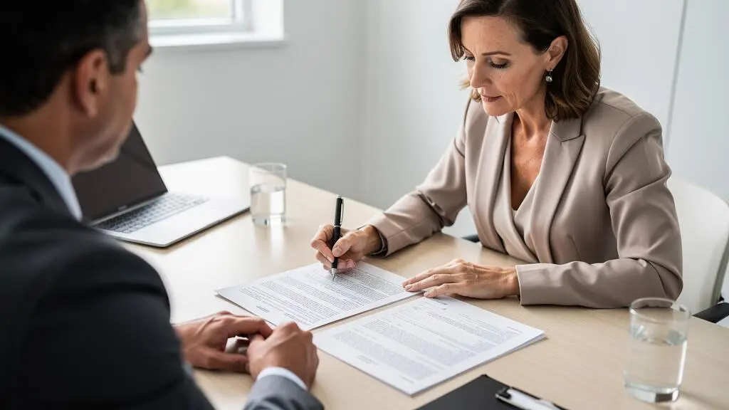 Agent immobilier expliquant des documents contractuels à un client lors d'une session de closing à une table de bureau en Floride.