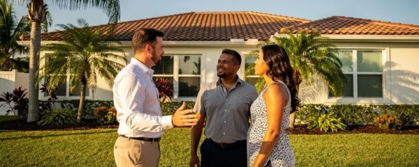 Agent immobilier présentant une propriété résidentielle en Floride à des clients devant une maison individuelle avec palmiers et toit en terre cuite.