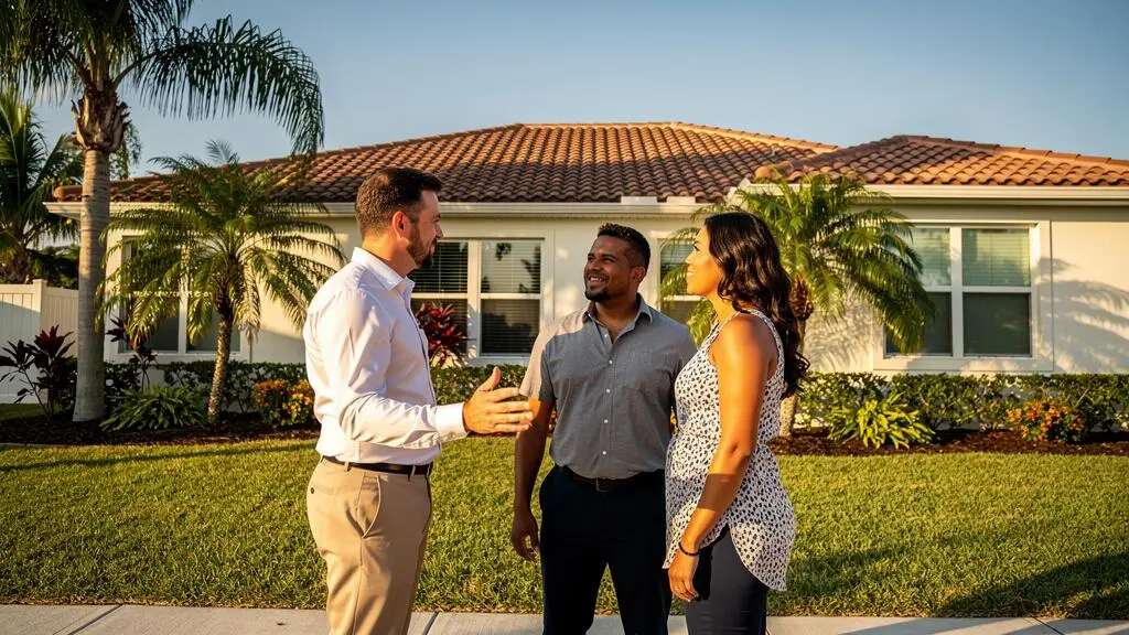 Agent immobilier présentant une propriété résidentielle en Floride à des clients devant une maison individuelle avec palmiers et toit en terre cuite.