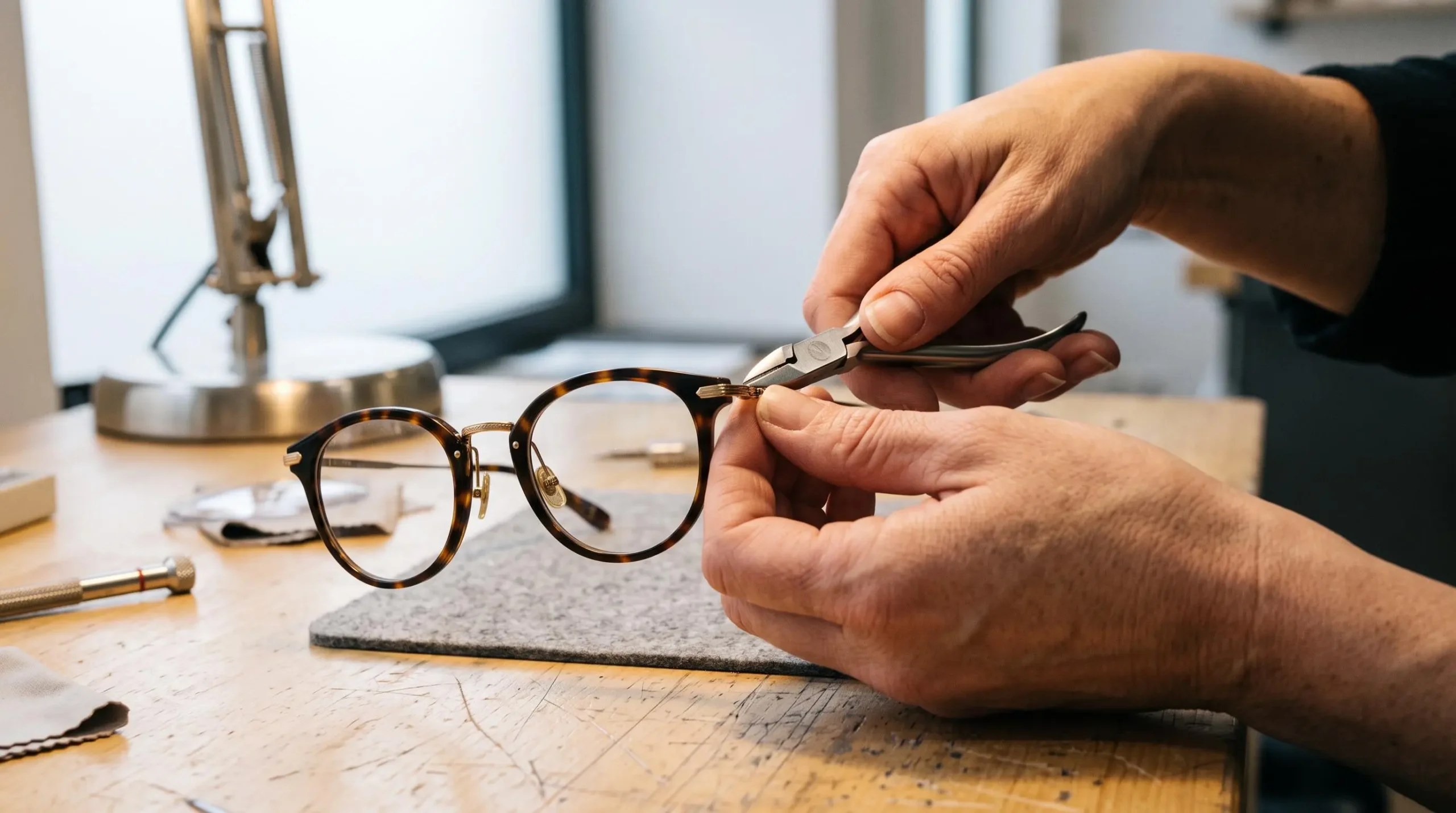 Mains d'opticien ajustant avec précision les branches d'une paire de lunettes à l'aide d'un outil professionnel