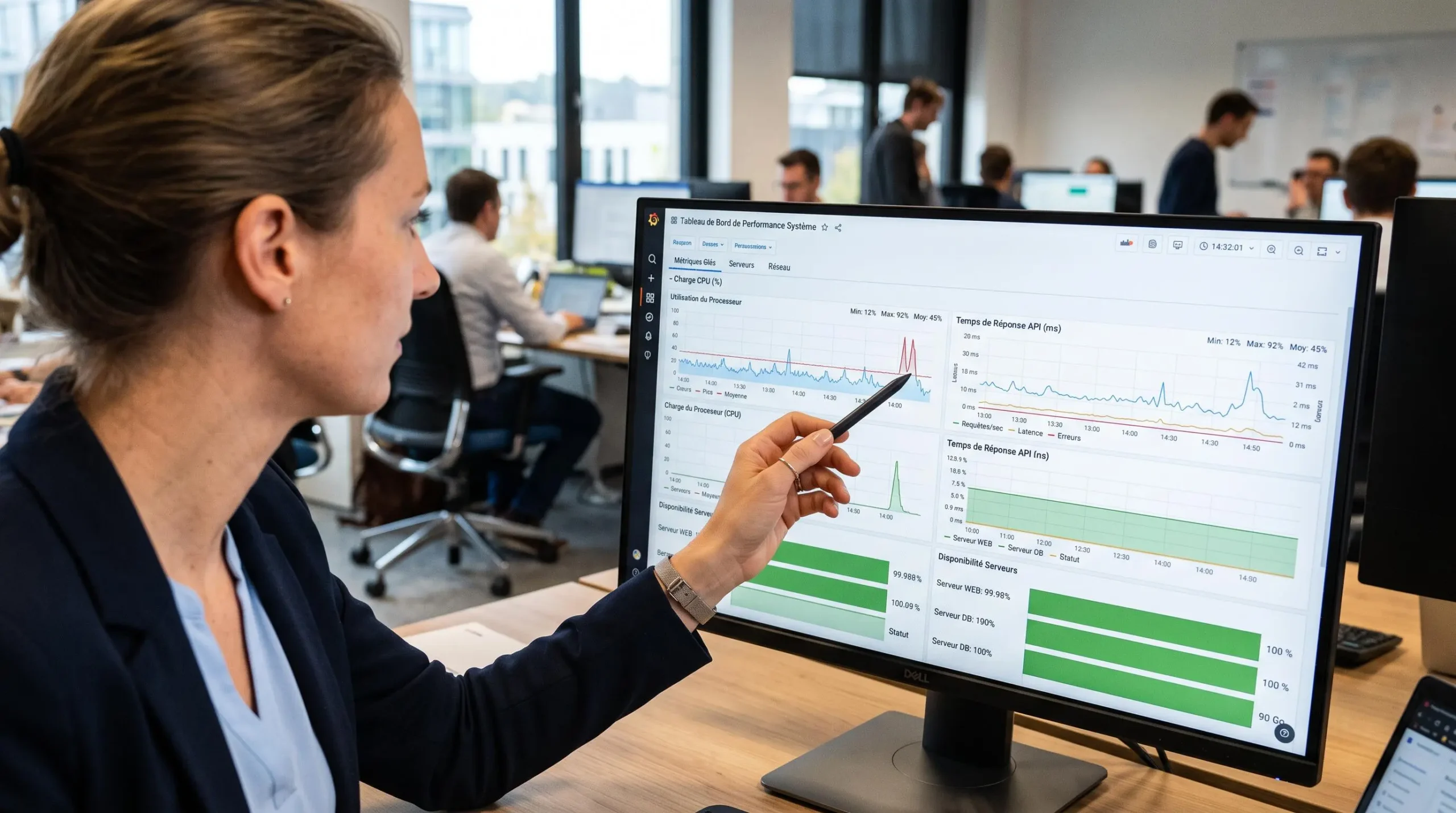 Analyse détaillée d'un tableau de bord de monitoring affichant les métriques de performance système