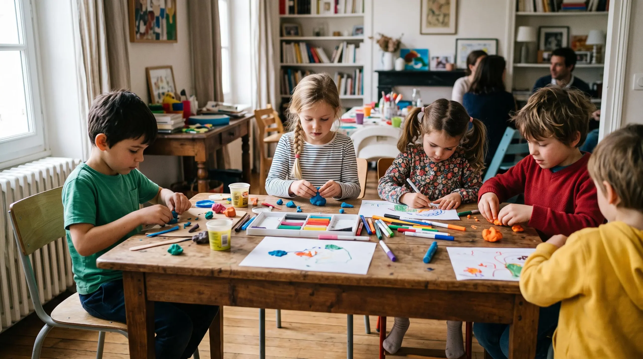 Enfants concentrés sur une activité manuelle créative autour d'une table lors d'un anniversaire