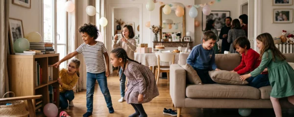 Groupe d'enfants jouant à une chasse au trésor lors d'un anniversaire dans un salon français