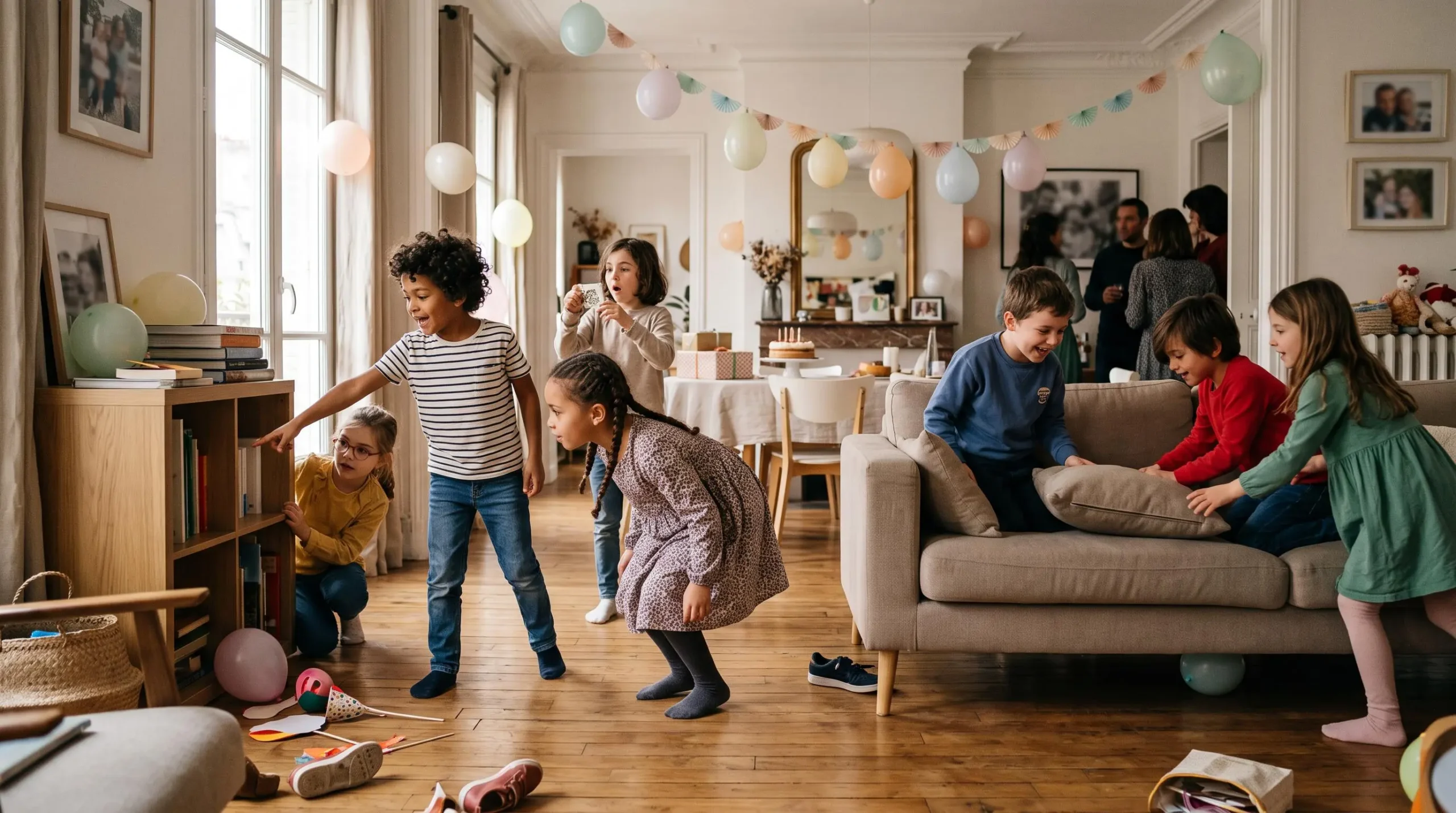 Groupe d'enfants jouant à une chasse au trésor lors d'un anniversaire dans un salon français