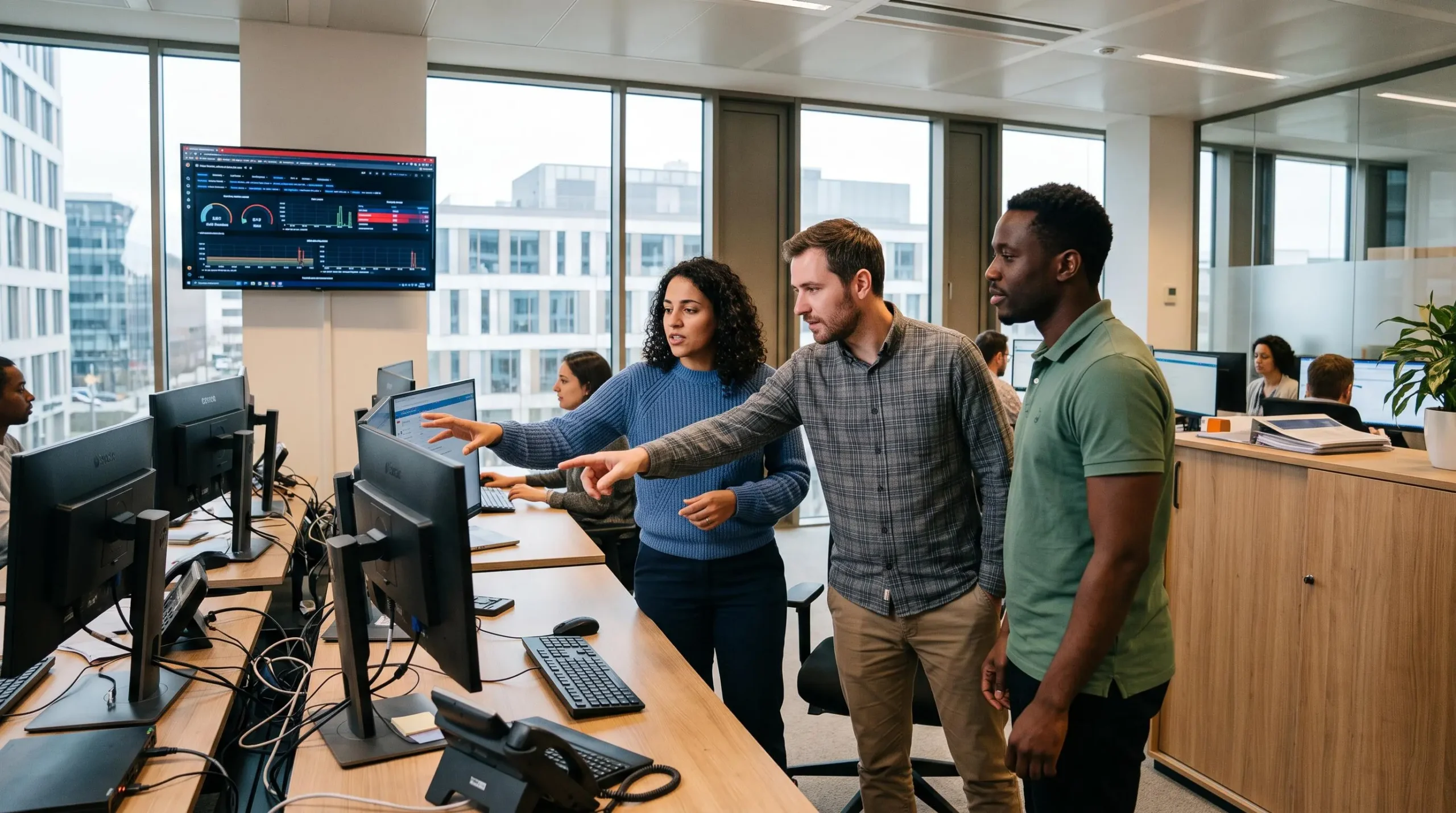 Équipe IT collaborant activement pour résoudre un incident technique dans un bureau moderne
