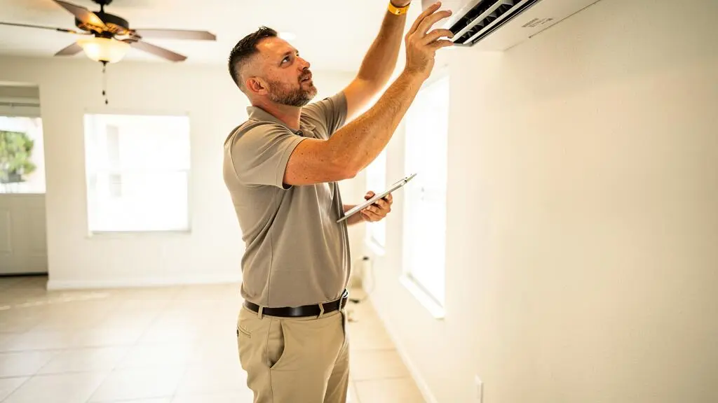Gestionnaire immobilier inspectant l'état intérieur d'une propriété locative en Floride avec presse-papiers, vérifiant les installations et les murs.