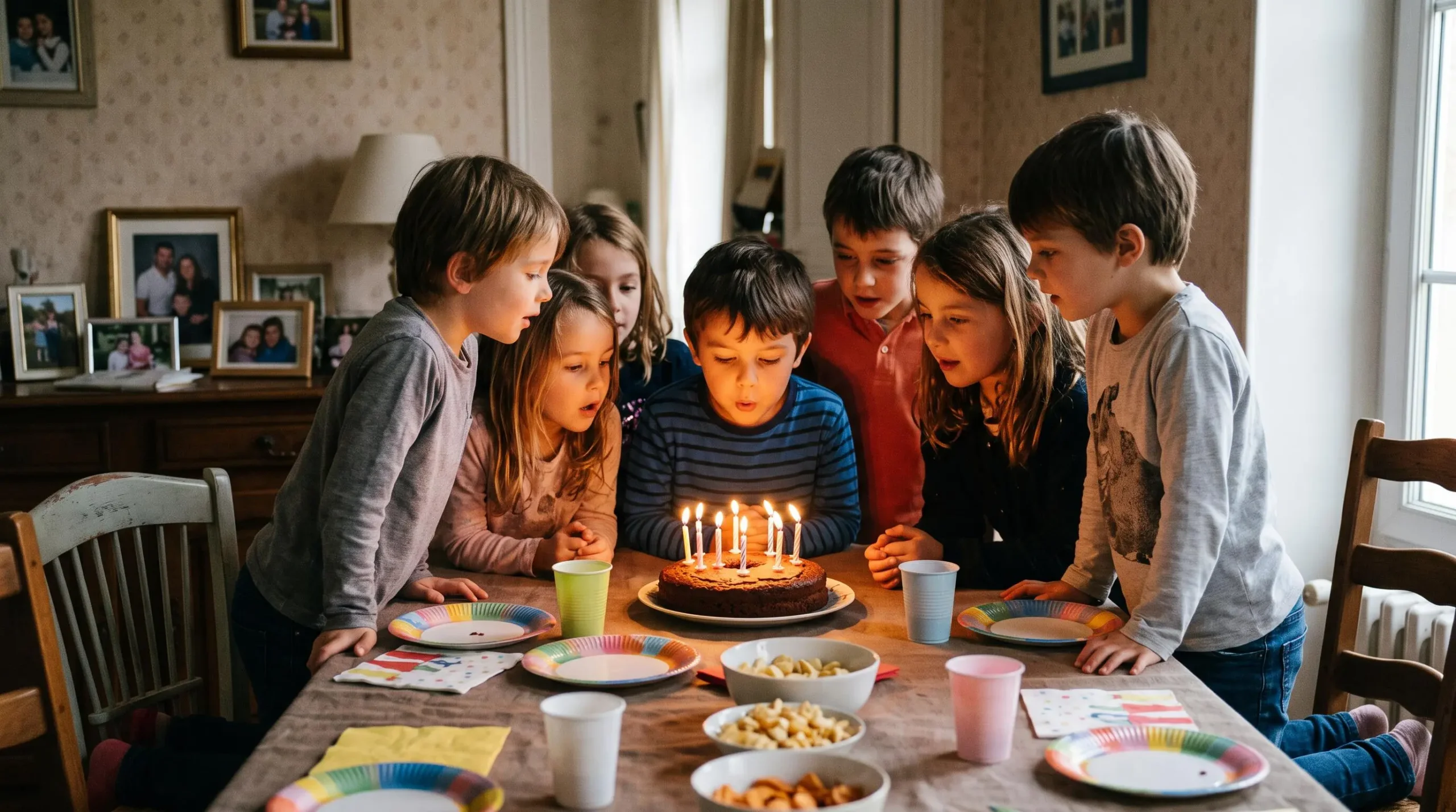 Enfants réunis autour du gâteau d'anniversaire avec bougies allumées lors d'un goûter festif
