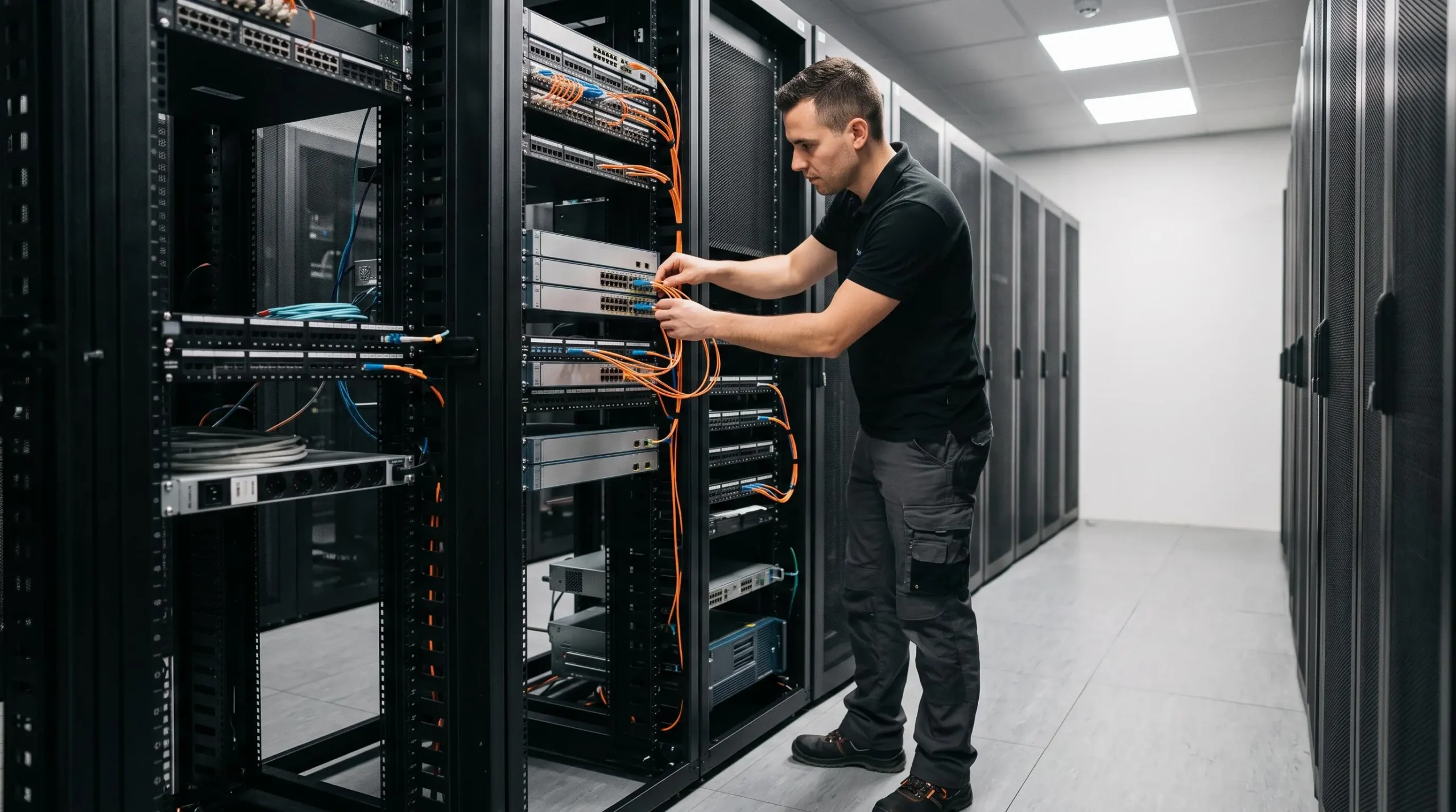 Ingénieur réseau installant des équipements modernes dans une salle serveur professionnelle