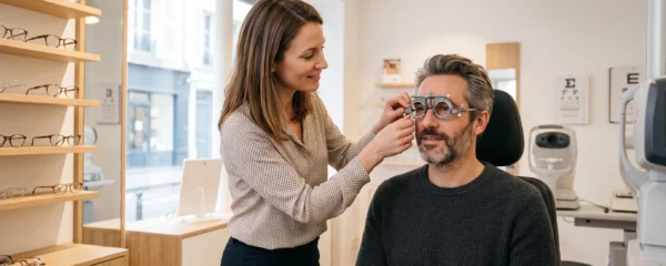 Opticien réalisant un examen de vue et ajustant des lunettes sur un patient dans un magasin d'optique moderne