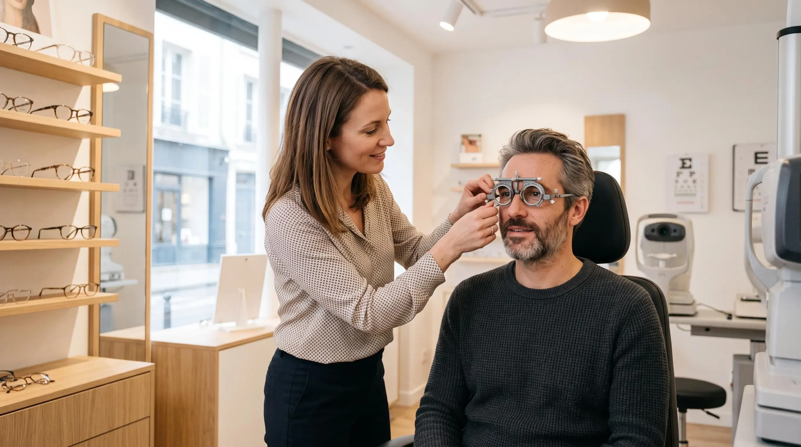 Opticien réalisant un examen de vue et ajustant des lunettes sur un patient dans un magasin d'optique moderne