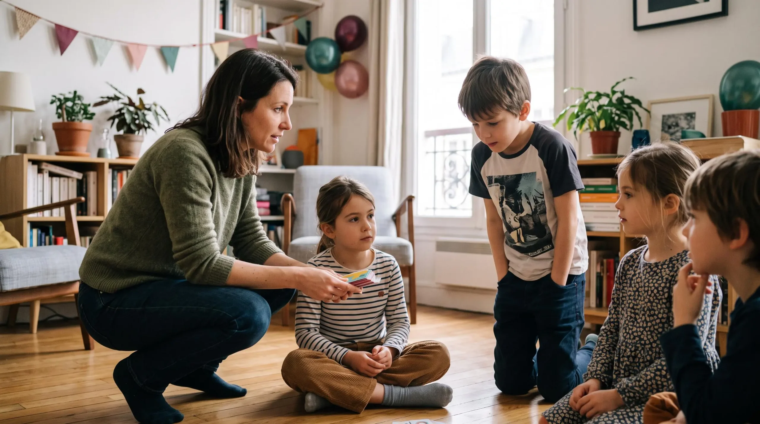 Parent expliquant les règles d'une activité à un petit groupe d'enfants lors d'un anniversaire à domicile