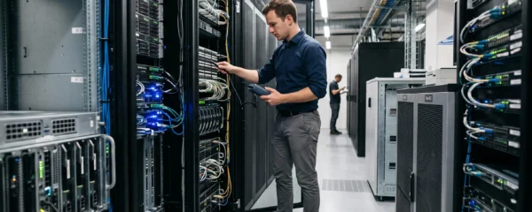 Technicien IT effectuant une maintenance urgente sur des serveurs dans un centre de données moderne