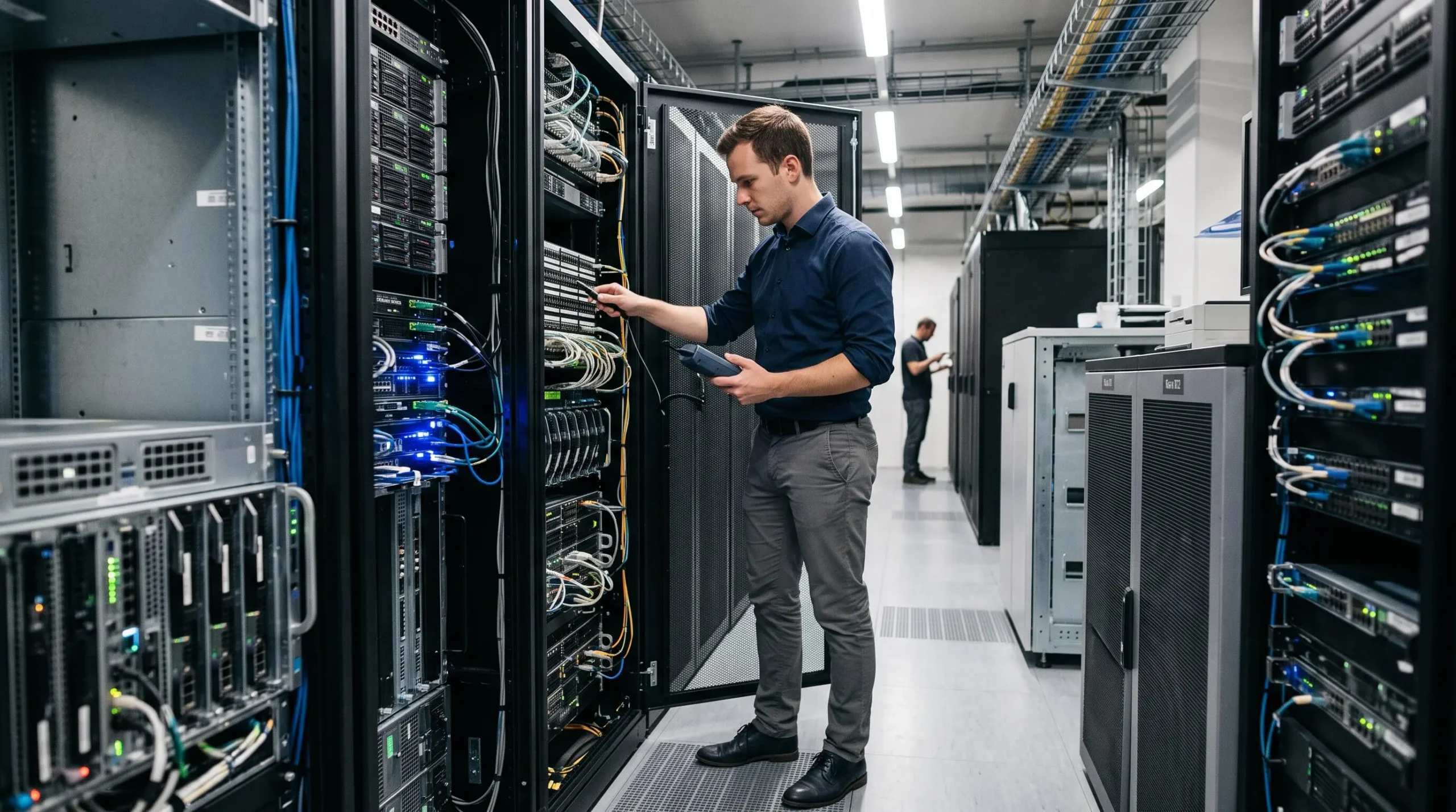 Technicien IT effectuant une maintenance urgente sur des serveurs dans un centre de données moderne