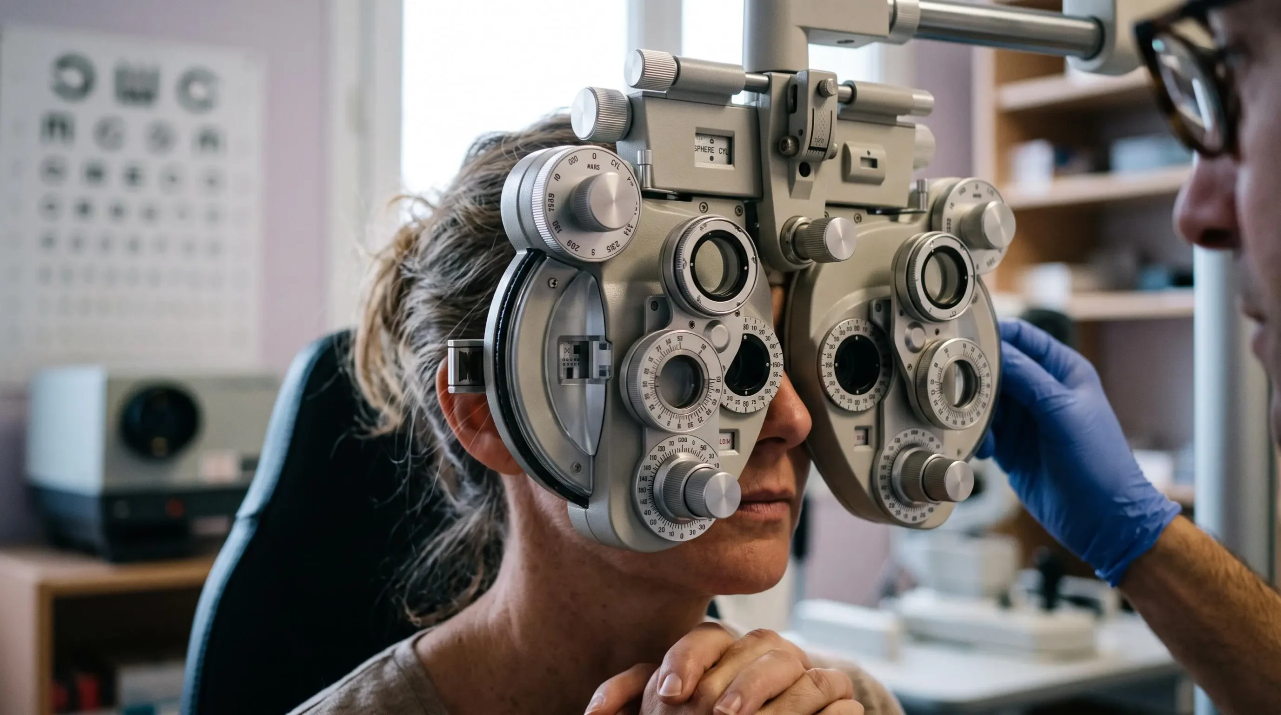 Patient passant un test de réfraction à l'aide d'un phoroptère lors d'un examen de vue professionnel