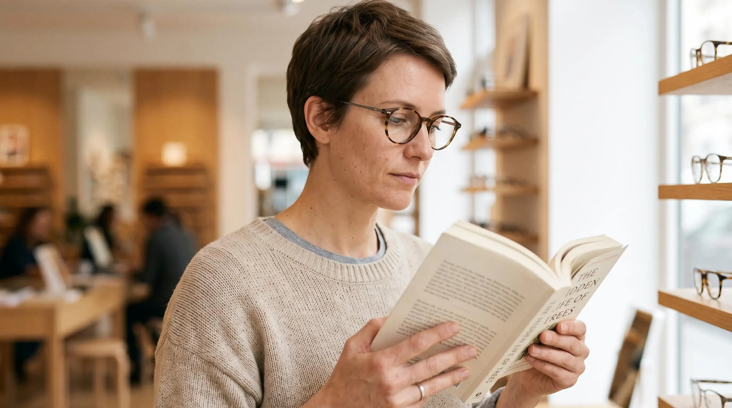 Personne portant de nouvelles lunettes et testant sa vision en lisant un document