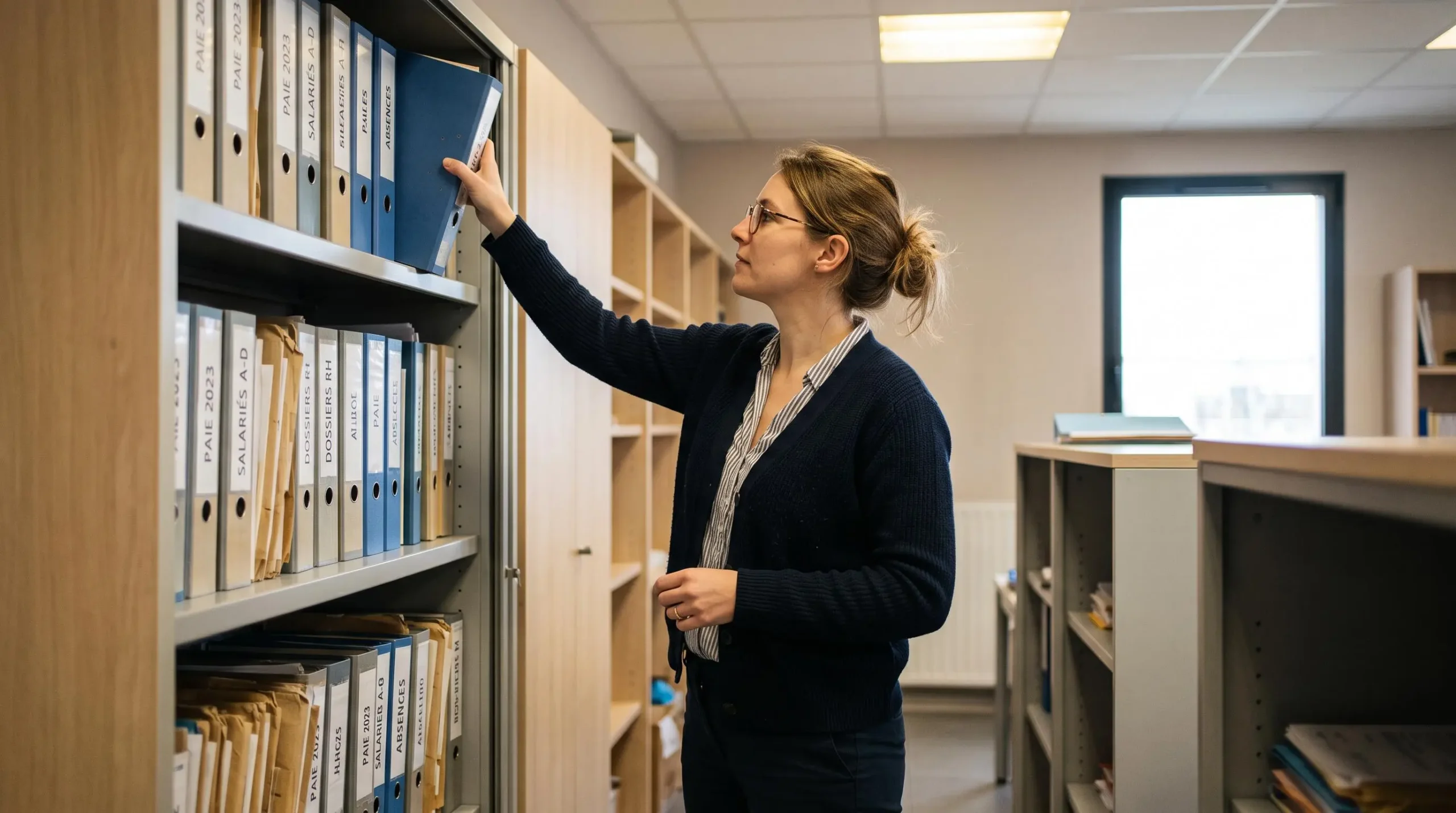 Gestionnaire de paie classant des dossiers de documents sociaux dans un meuble de rangement