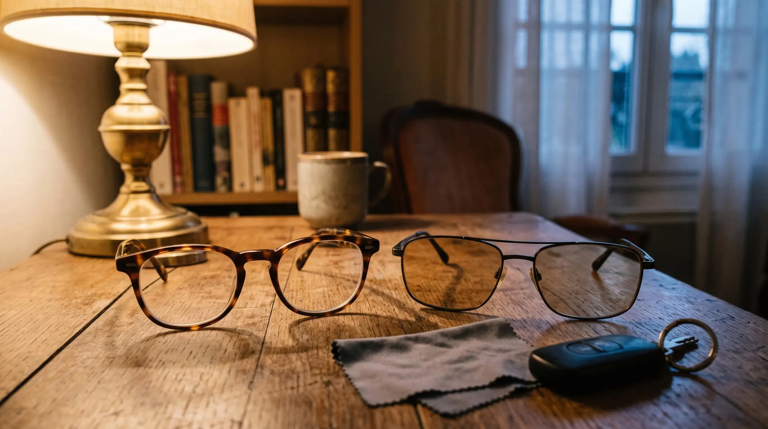 Deux paires de lunettes posées côte à côte sur une table en bois avec des clés de voiture.