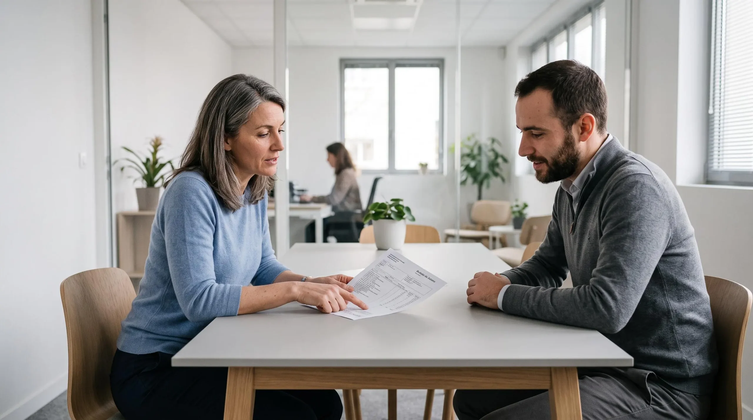 Responsable RH expliquant les lignes d'une fiche de paie à un salarié lors d'un entretien