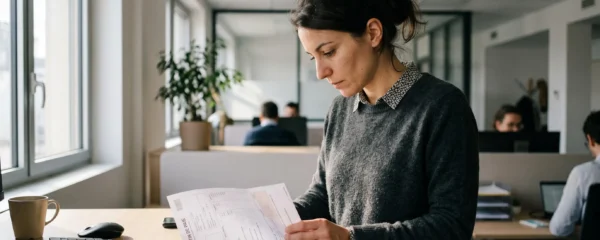 Gestionnaire de paie vérifiant attentivement un bulletin de salaire dans un bureau RH