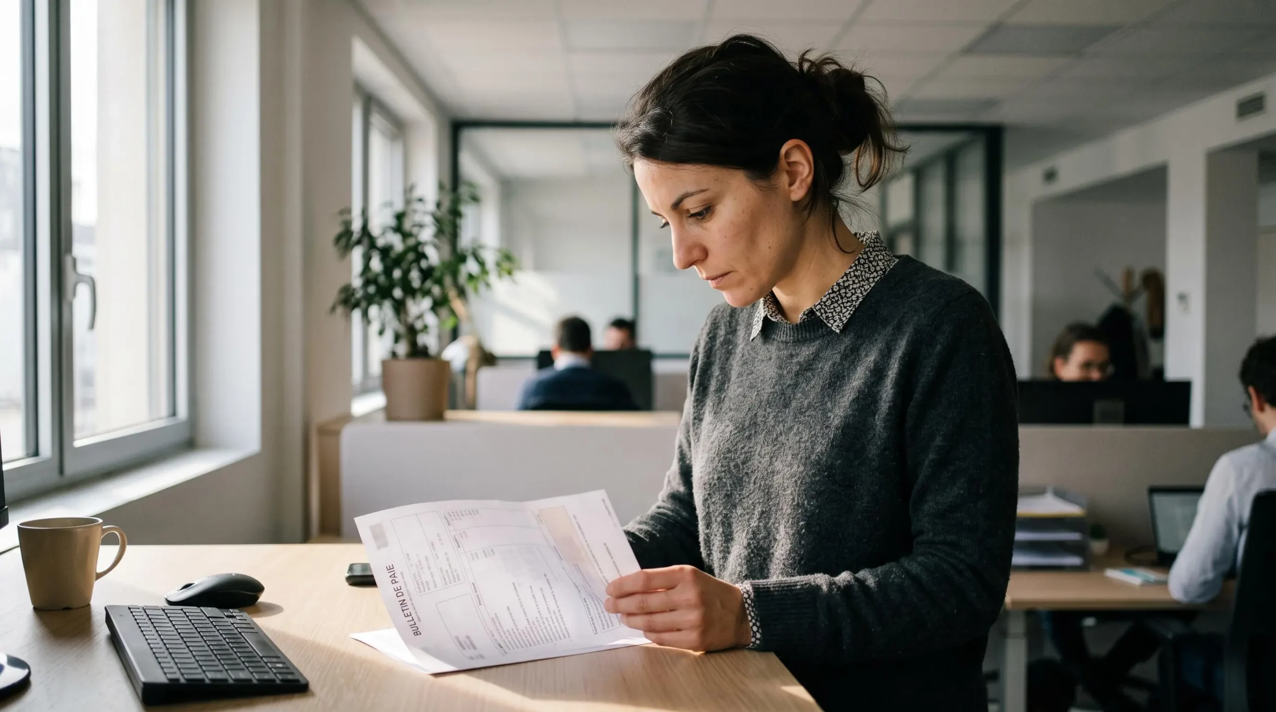 Gestionnaire de paie vérifiant attentivement un bulletin de salaire dans un bureau RH