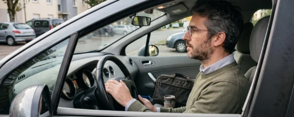Un homme portant ses lunettes de vue au volant de sa voiture, regardant la route à travers le pare-brise.
