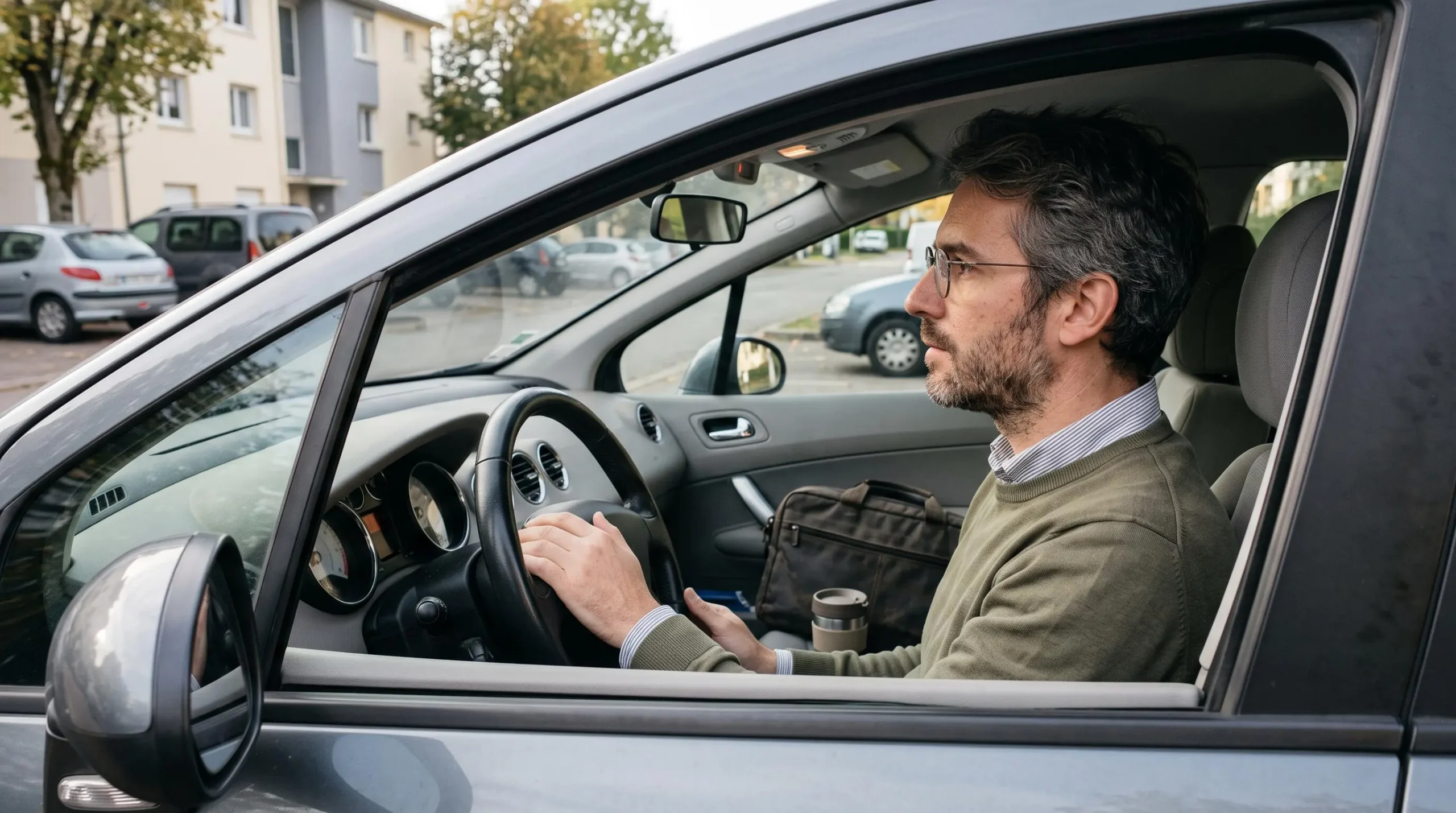 Un homme portant ses lunettes de vue au volant de sa voiture, regardant la route à travers le pare-brise.