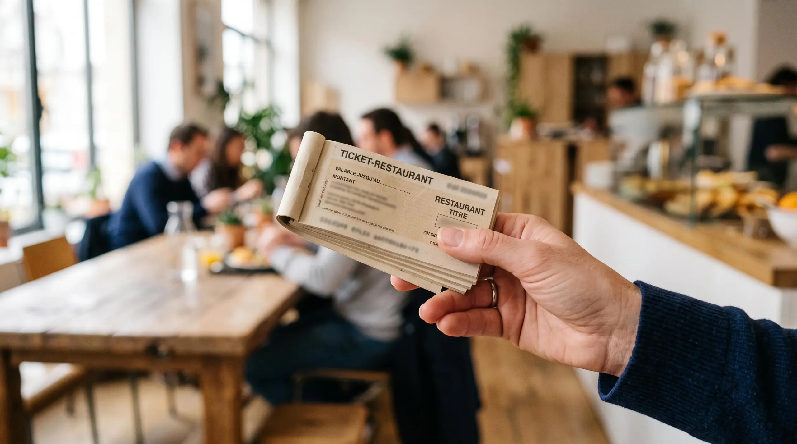 Main d'un salarié tenant des titres-restaurant dans un environnement professionnel