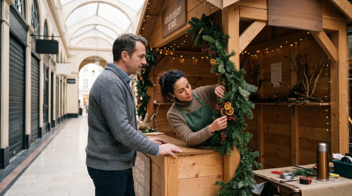 Une responsable de galerie et un prestataire vérifient l'installation d'un stand avant ouverture.