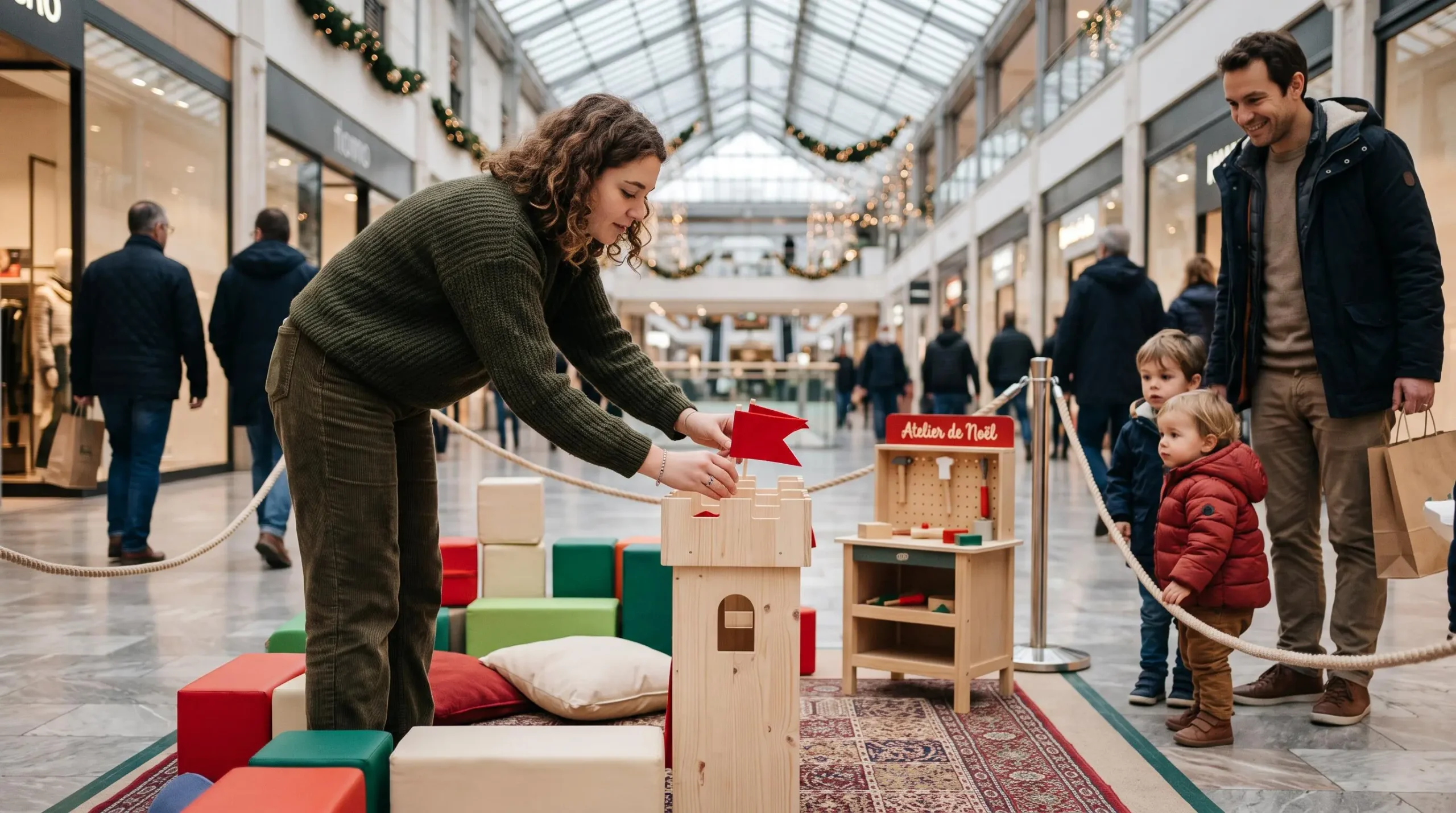 Une animatrice installe un coin de jeux en bois pour les enfants dans une allée de galerie.