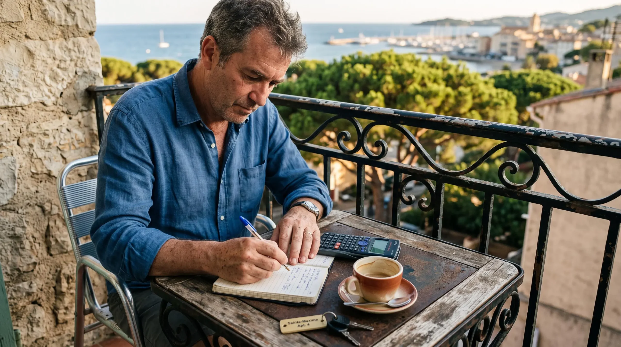 Un homme calcule le budget de sa location sur la table d'un balcon face à la mer.