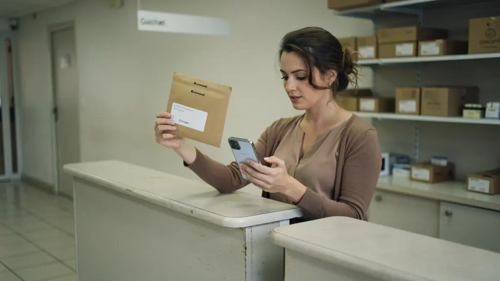Une femme compare une enveloppe recommandée papier et son téléphone à la poste.