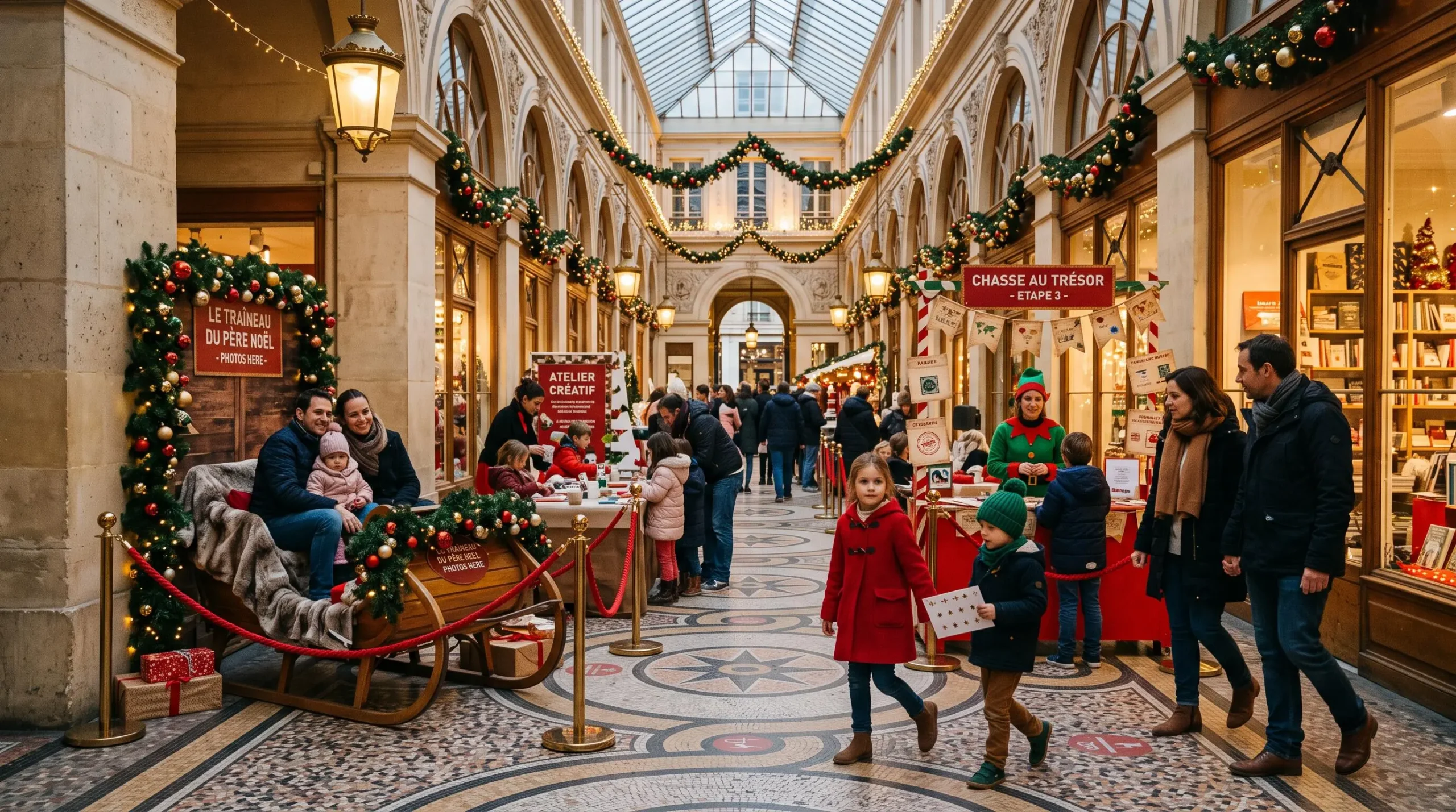 Des enfants suivent un parcours d'animations jalonné dans une galerie décorée pour Noël.