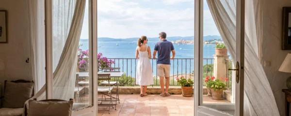 Un couple admire la mer depuis la terrasse d'une villa louée à Sainte-Maxime.