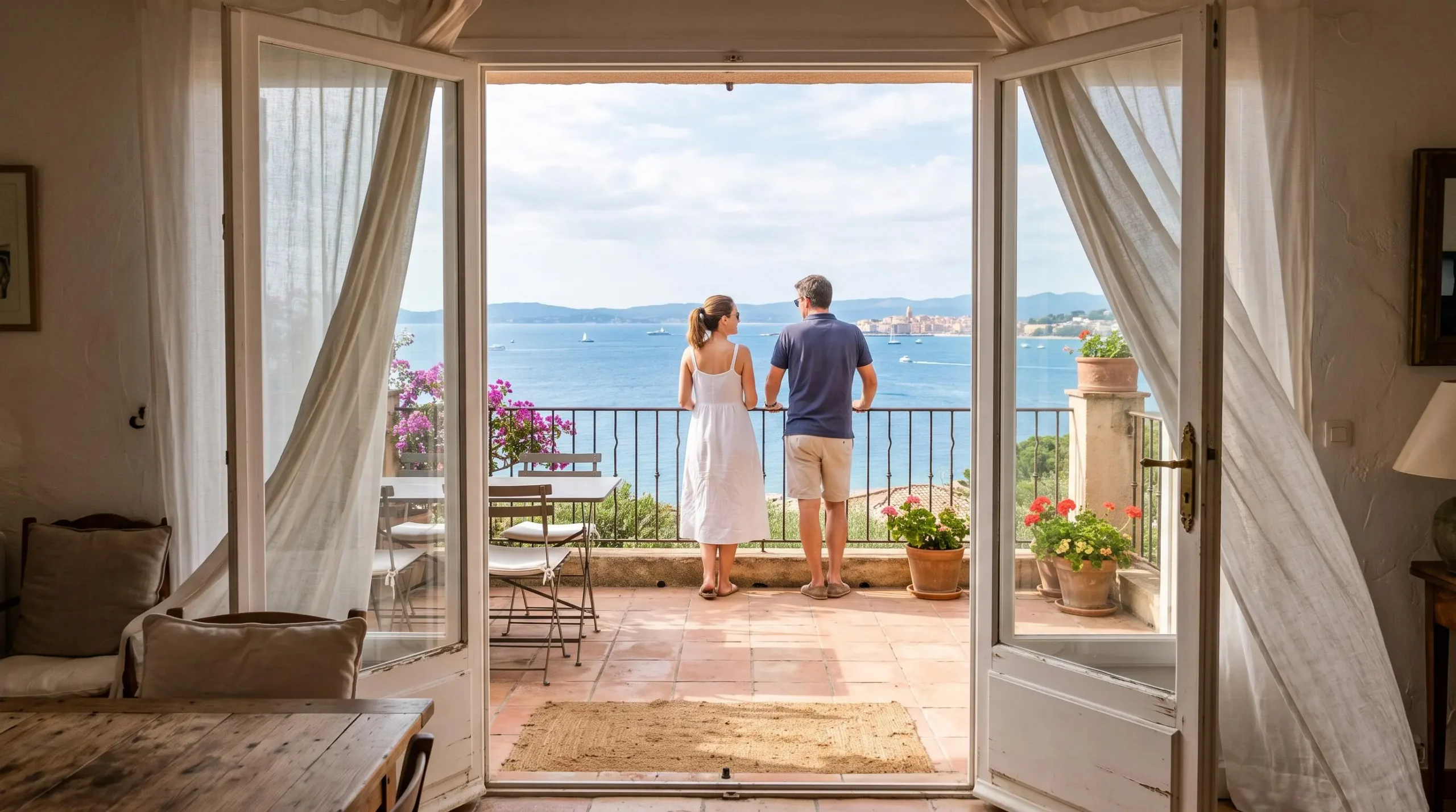 Un couple admire la mer depuis la terrasse d'une villa louée à Sainte-Maxime.